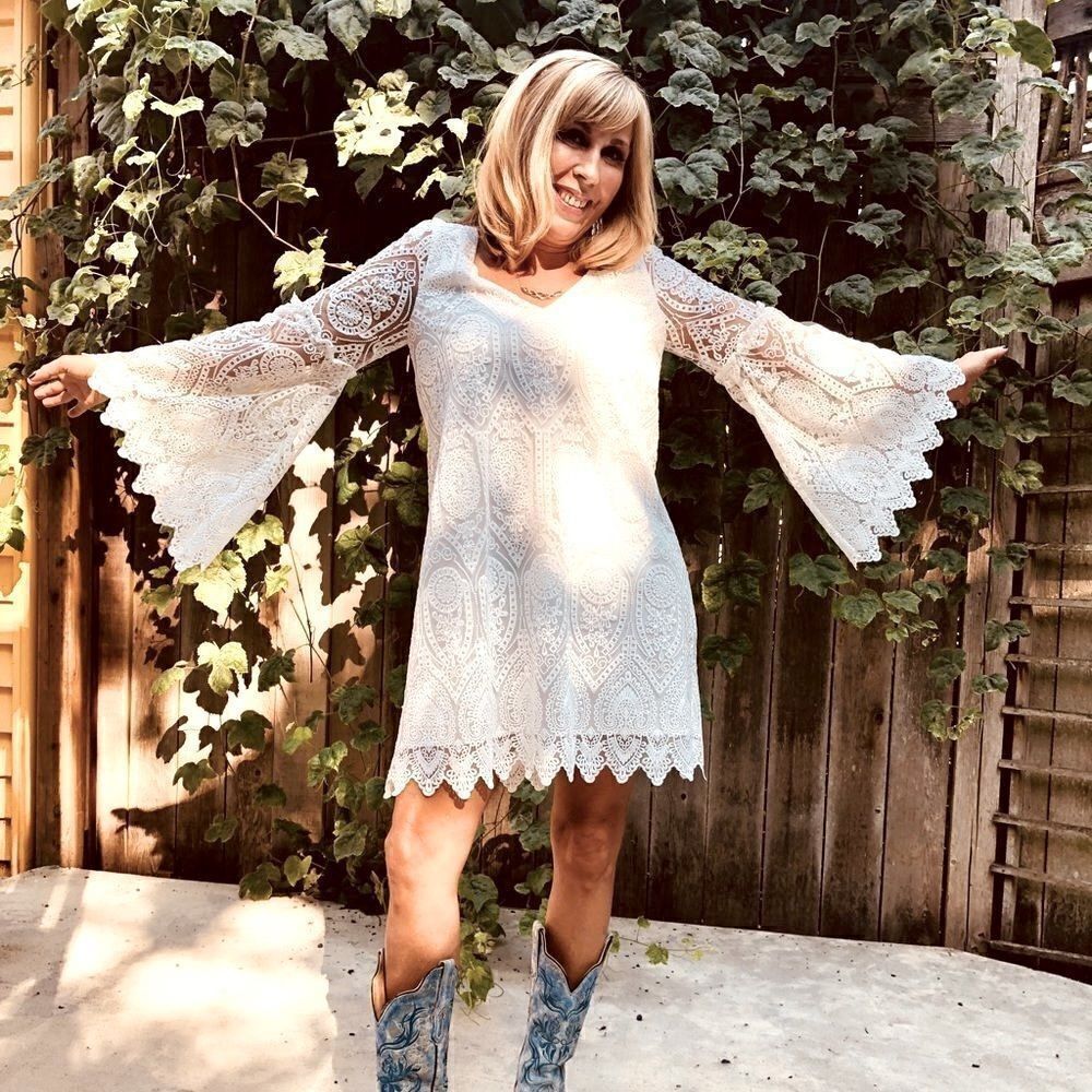 White Lace Bell Sleeve Dress